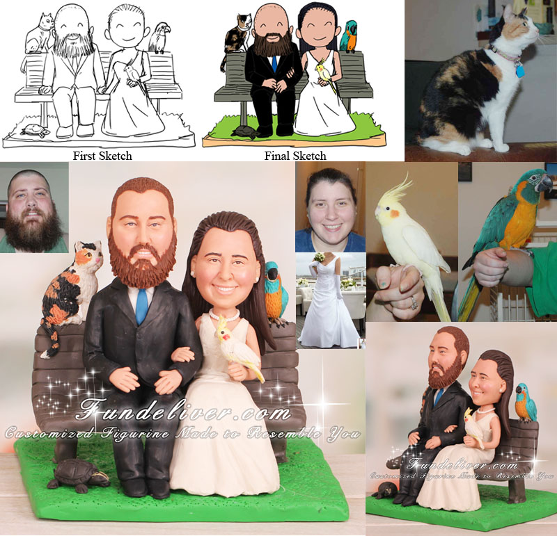 Couple Sitting on Park Bench with 4 Pets Animal Lovers Cake Toppers